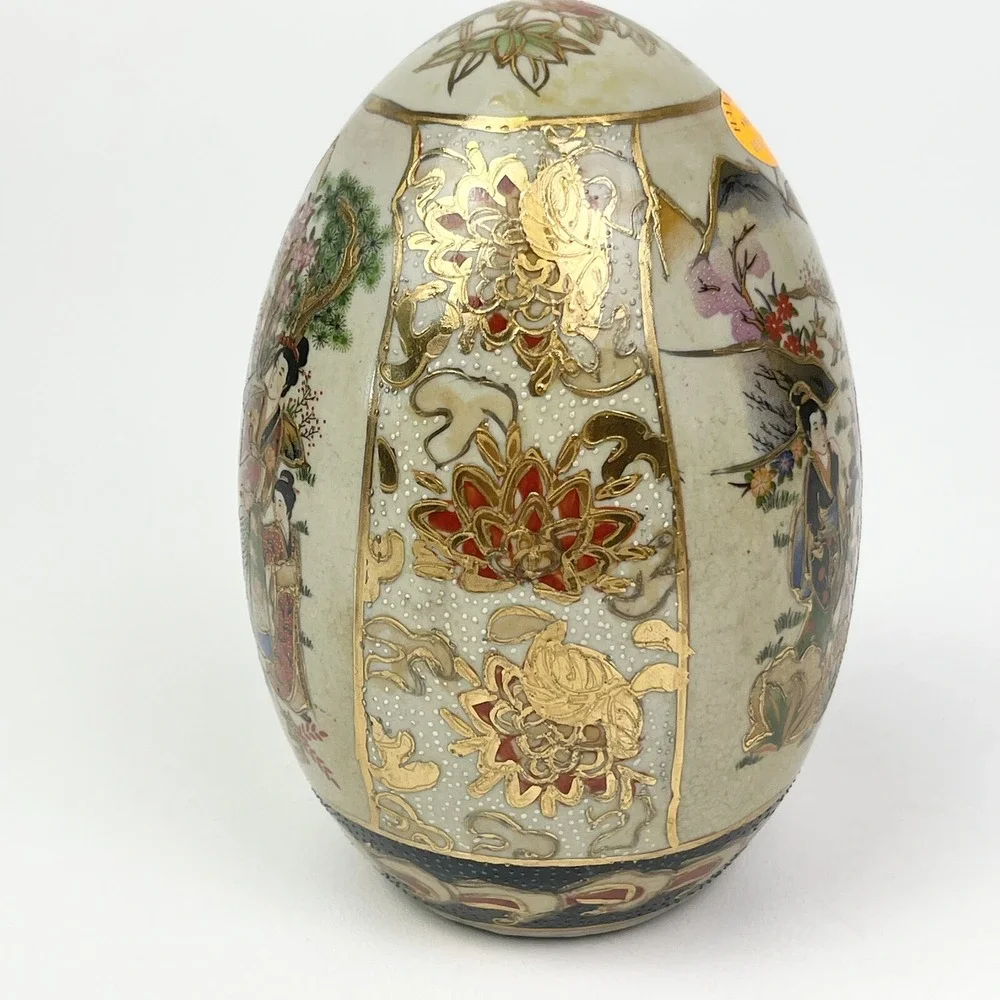 Vtg Royal Satsuma Egg Hand Painted Geisha Porcelain Gilded Hand Painted 6